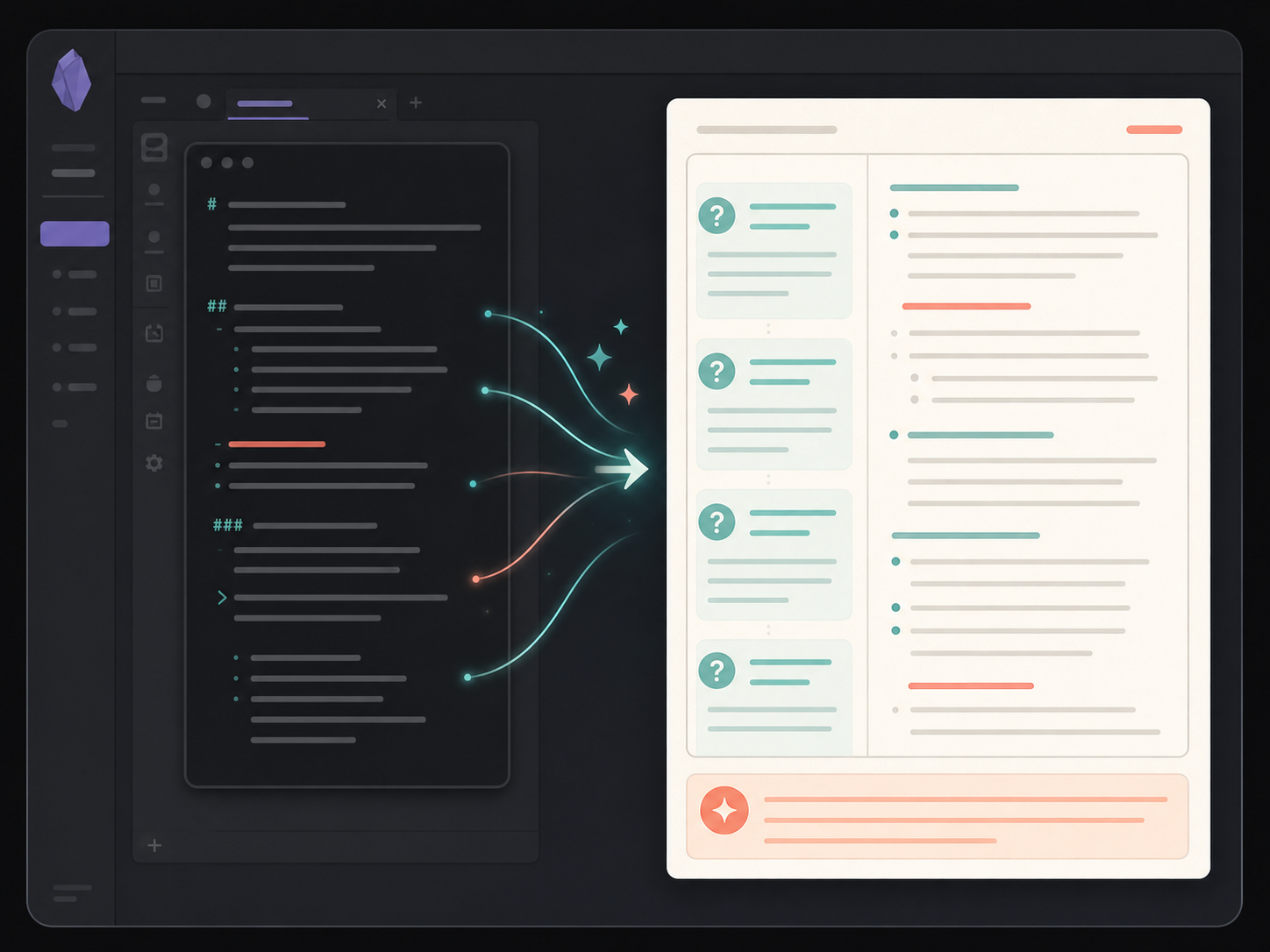 CueCraft concept: an Obsidian Markdown editor flowing into a Cornell-style study view with AI-generated question cards