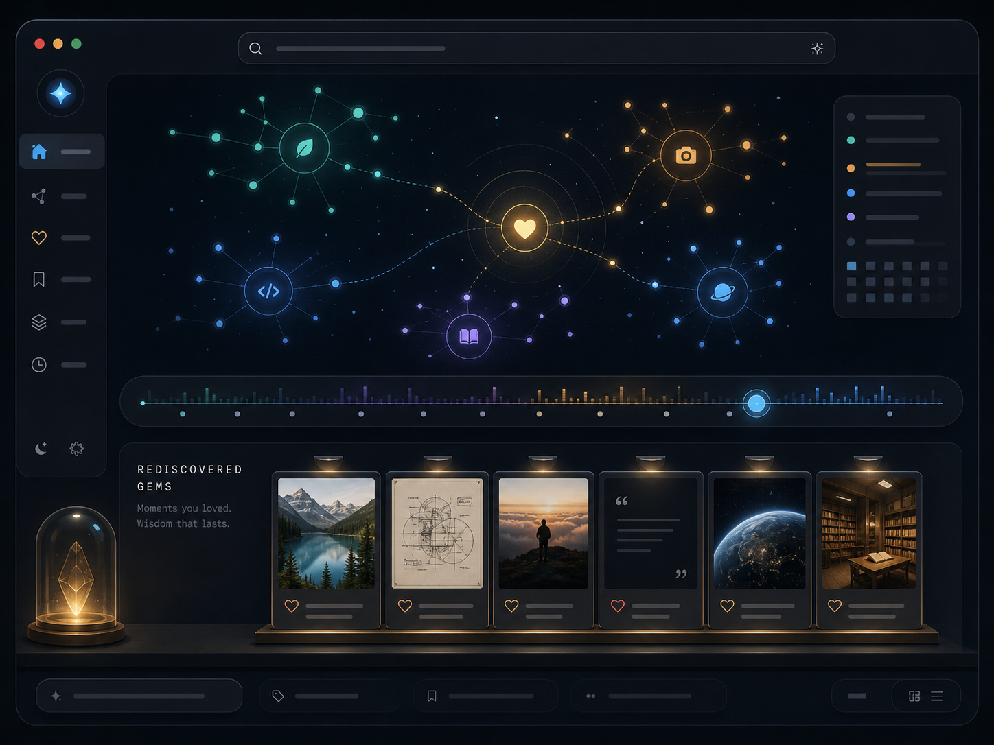 Memoscapes concept: a dark dashboard with a constellation of interest clusters, an interactive timeline, and a shelf of rediscovered saved posts