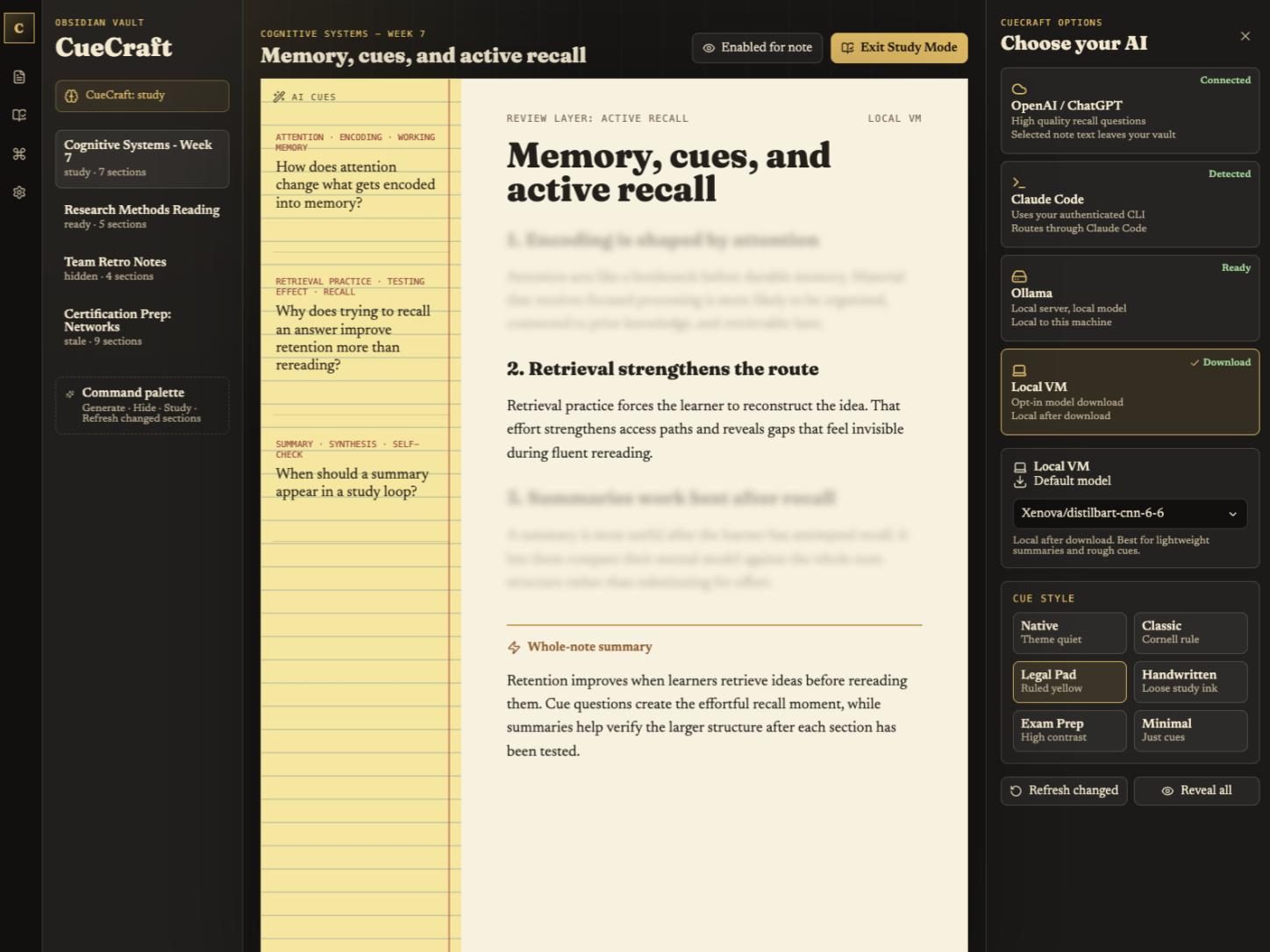 CueCraft study view in Obsidian with active-recall cues, a reading pane, and AI provider options