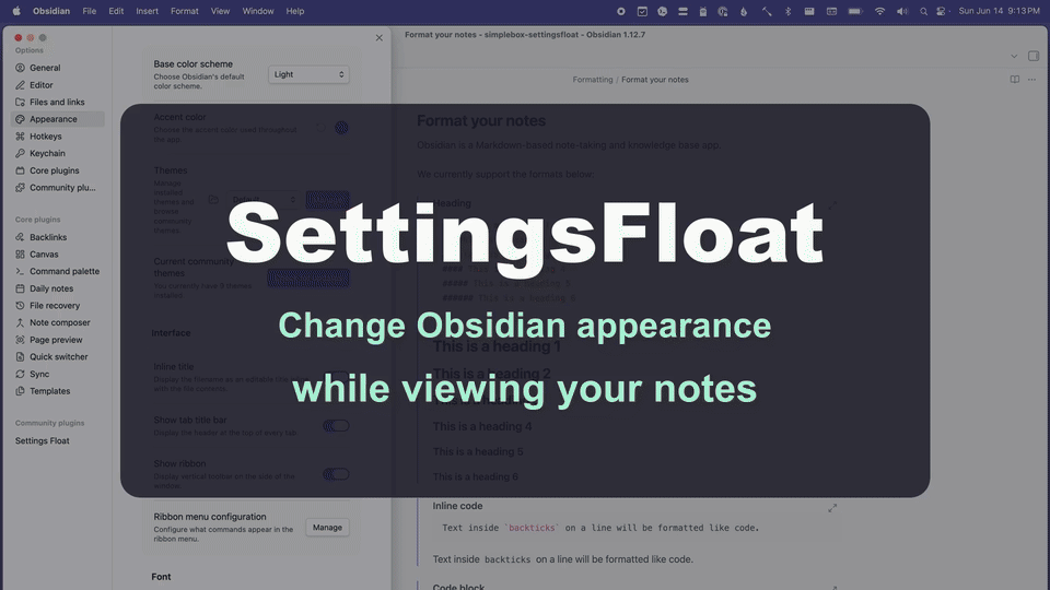 Animated demo of the SettingsFloat plugin floating the Obsidian Appearance settings panel over the live notes editor.