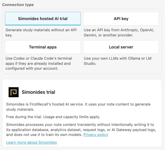 FirstRecall’s AI settings with Simonides hosted AI trial selected, alongside API key, terminal app, and local server options.