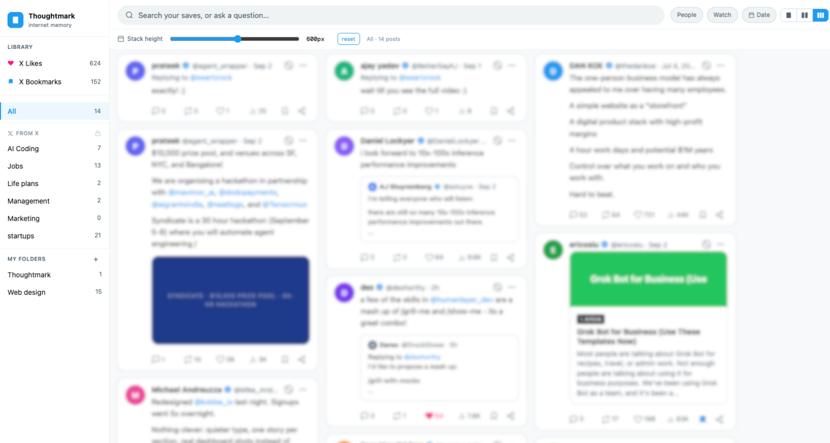 Thoughtmark showing saved X likes and bookmarks in a three-column card layout, with folders and search.